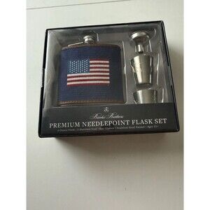 Brooks Brothers NeedlePoint American Flag 6 oz Hip Flask Set Shot Glasses Funnel